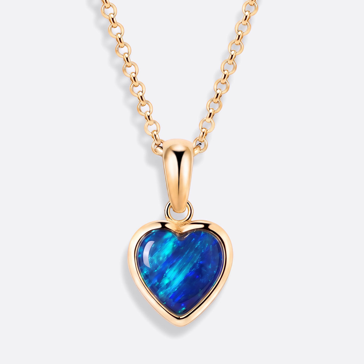 Heart of Fire Opal-Kette in Gelbgold, Herz-Anhänger mit blauem Opal (Triplette), Ansicht vorne