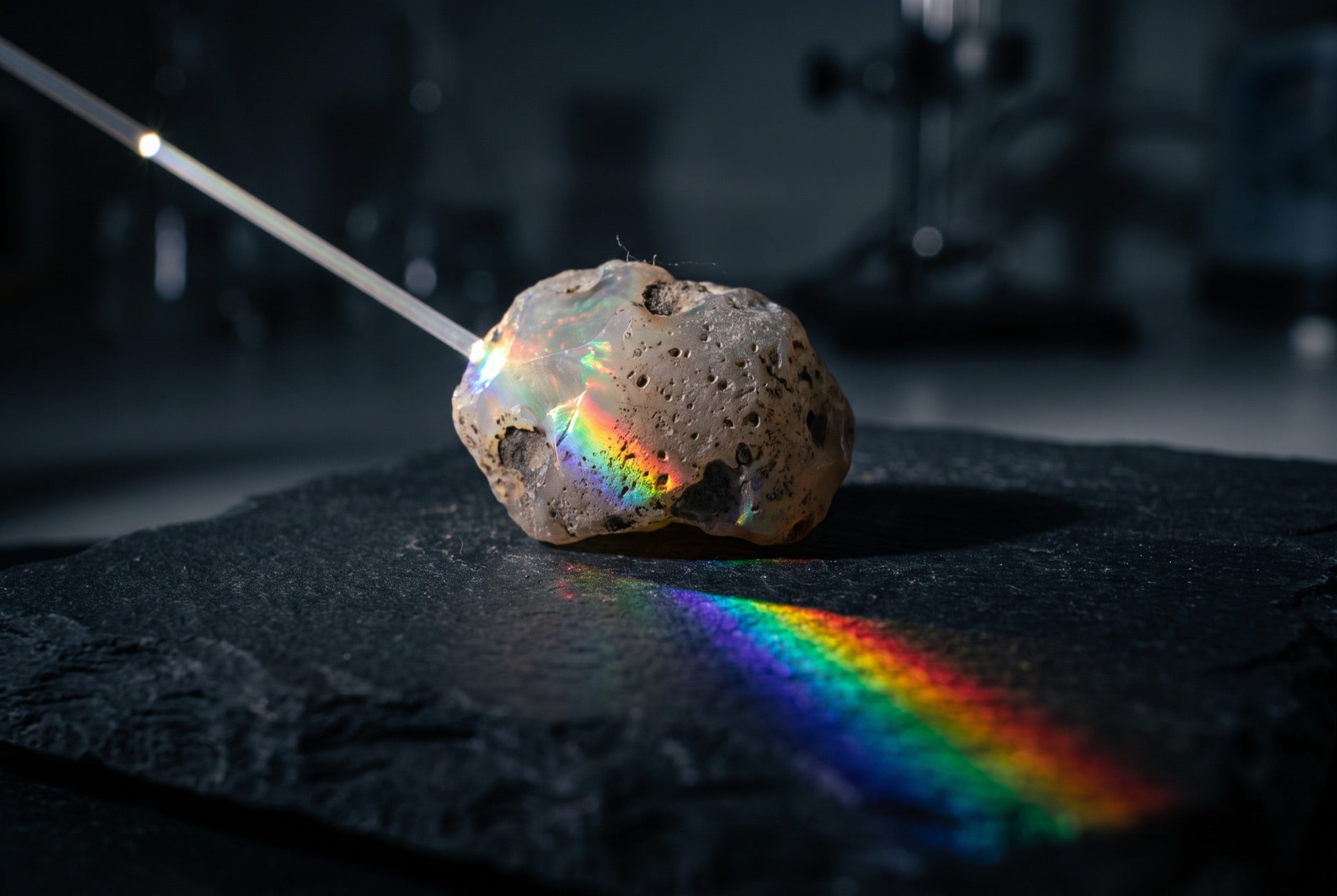 Physik des Opals: weißes Licht bricht am Opal in ein Farbspektrum