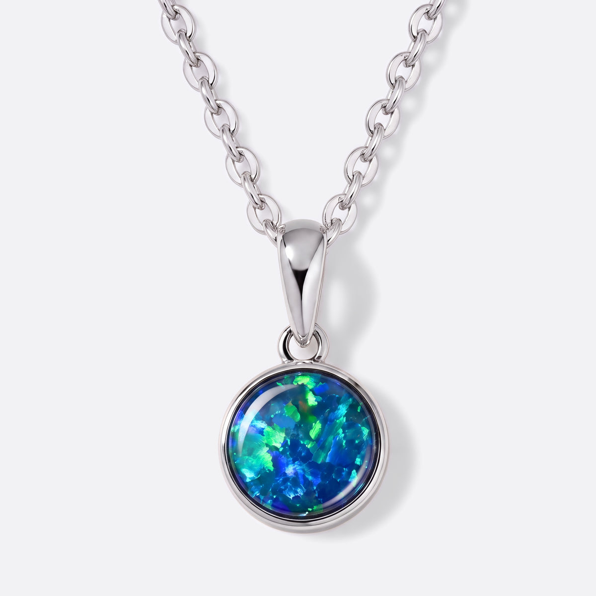 Circle of Flame Opal-Kette Blau-Grün, runder Opal-Anhänger (Triplette) in 925 Silber, Ansicht vorne